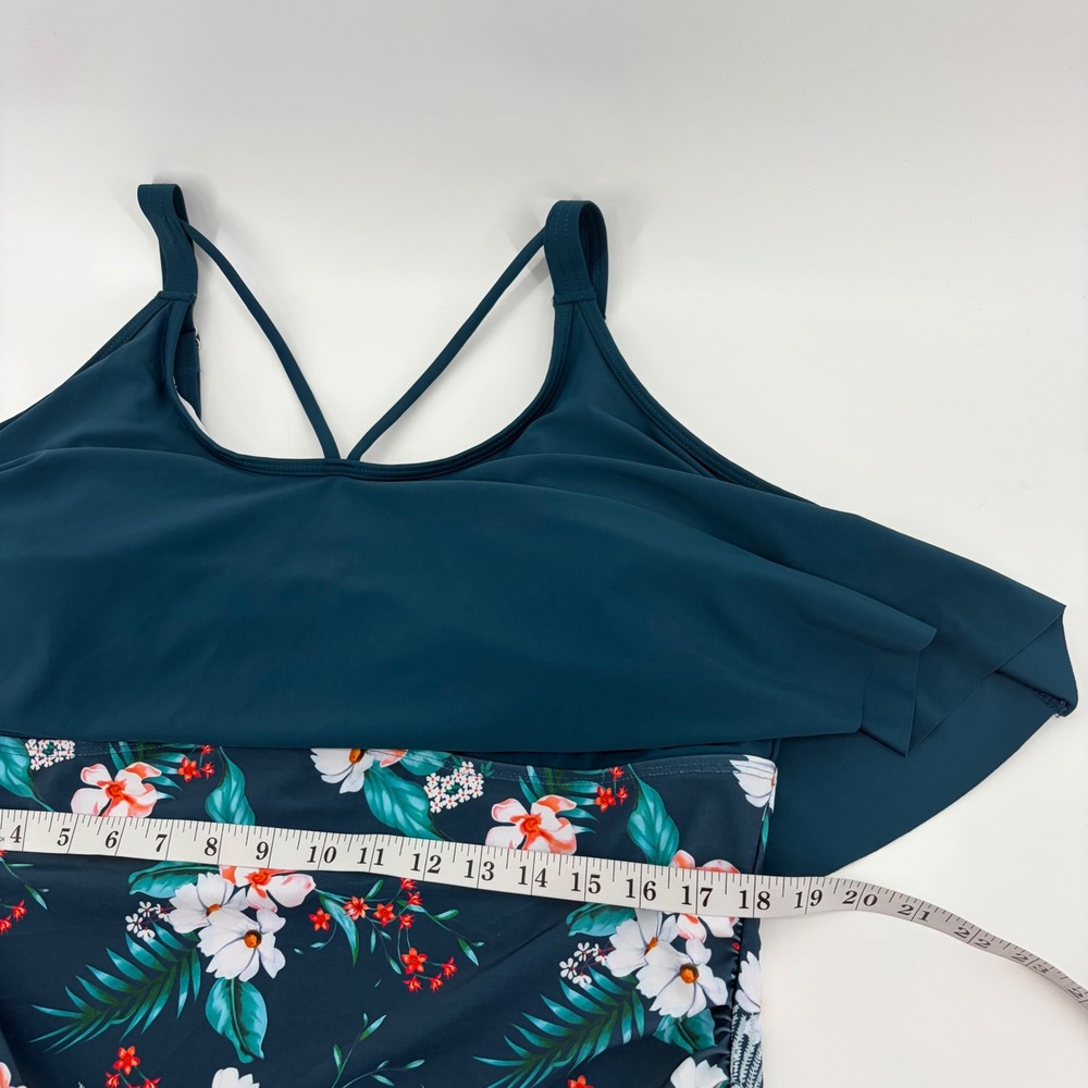 Bloomchic Size 22-24 Teal Blue Floral One Piece Swimsuit Flounce Ruched Overlay - Picture 5 of 6